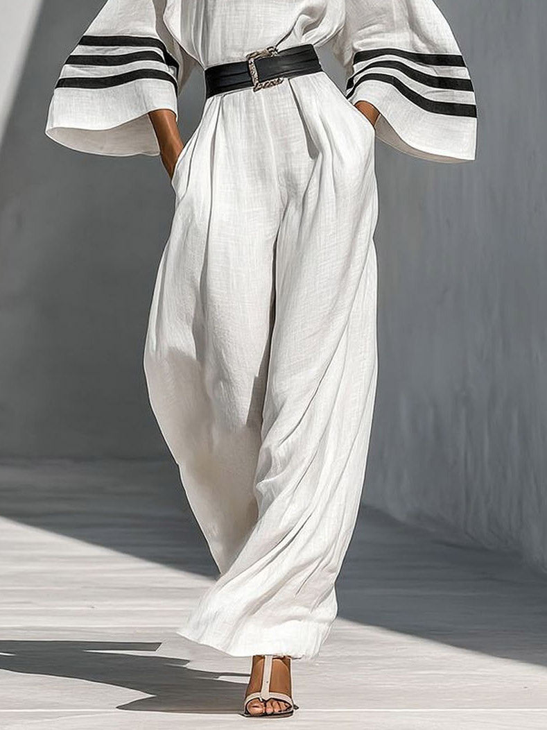 Minimalistische Gestreepte Taille-Tie Bell-Mouw Jumpsuit