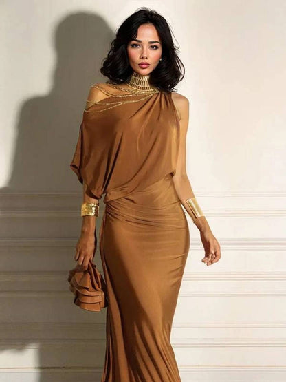 Oblique Kraag Off-Shoulder Geplooide Maxi Jurk