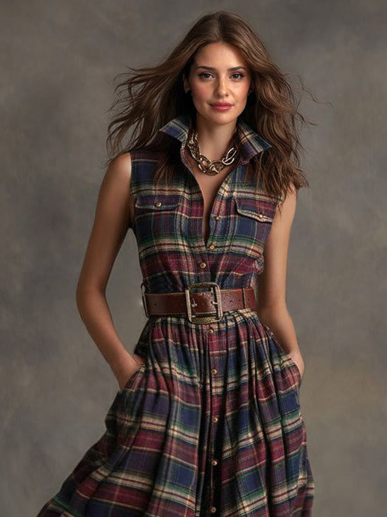 Casual Geruite Mouwloze Shirt Maxi Jurk