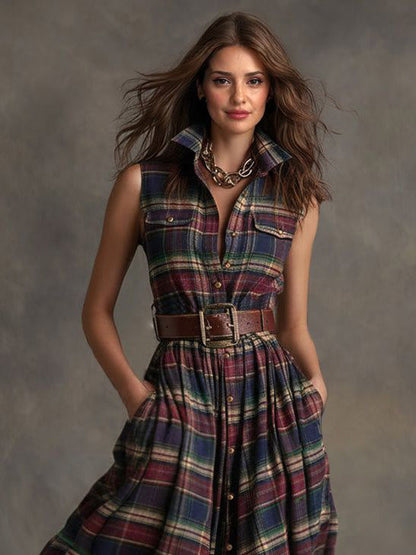 Casual Geruite Mouwloze Shirt Maxi Jurk
