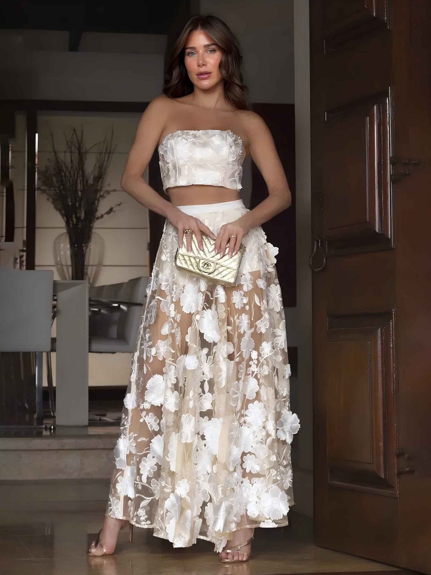 Elegante Strapless Bloemen Kant Crop Top & Maxi Rok Twee-Delige Set