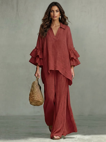 Casual Ruffle Mouw V-Hals Top & Hoge Taille Wijde Pantalon Set