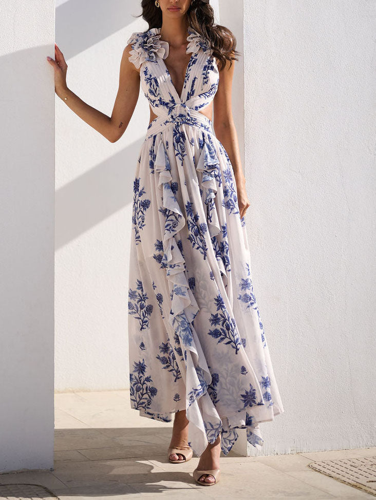 Elegante Bloemenprint Geplooide Openwork Maxi Jurk