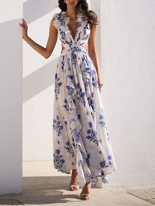 Elegante Bloemenprint Geplooide Openwork Maxi Jurk