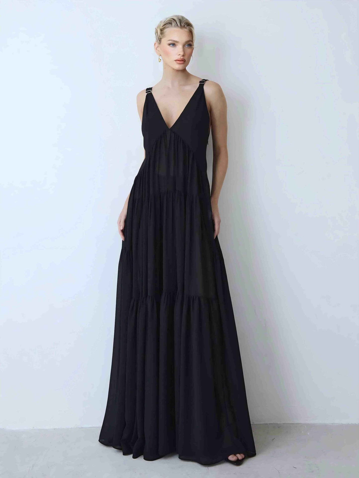 Elegante Chiffon Cape Top En Gelaagde Maxi Rok Twee-delige Set