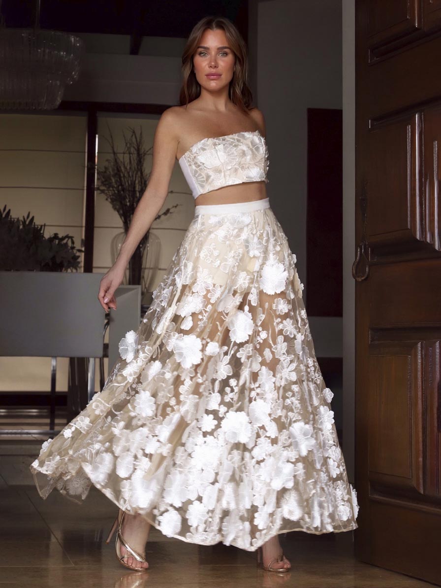 Elegante Strapless Bloemen Kant Crop Top & Maxi Rok Twee-Delige Set