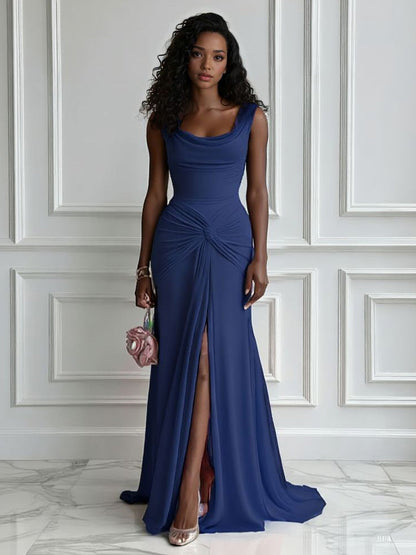 Elegante Plissé Twist-Front Maxi Jurk met Hoge Split