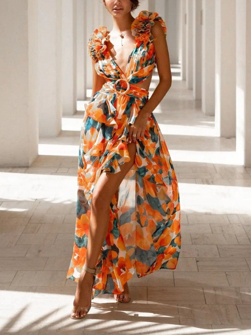 Elegante Bloemenprint Geplooide Openwork Maxi Jurk