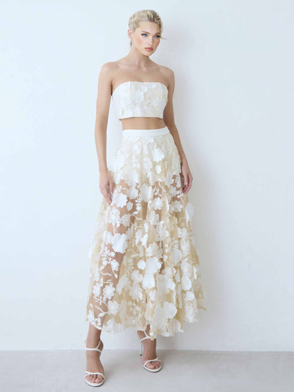 Elegante Strapless Bloemen Kant Crop Top & Maxi Rok Twee-Delige Set