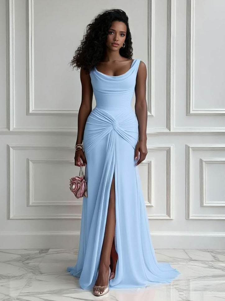 Elegante Plissé Twist-Front Maxi Jurk met Hoge Split