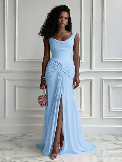 Elegante Plissé Twist-Front Maxi Jurk met Hoge Split