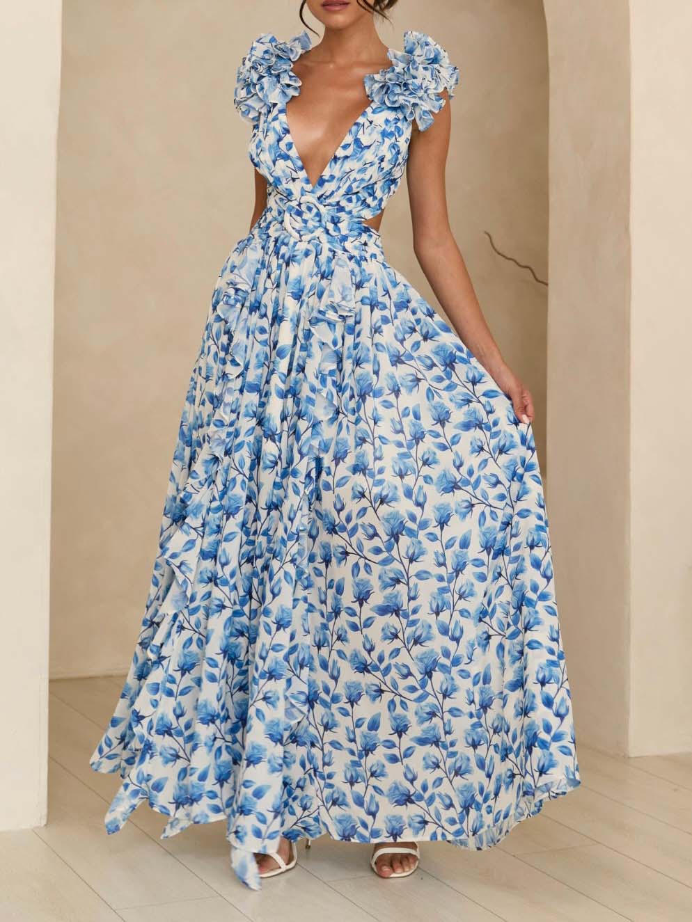 Elegante Maxi-jurk met Bloemenprint en Uitsnijdingen