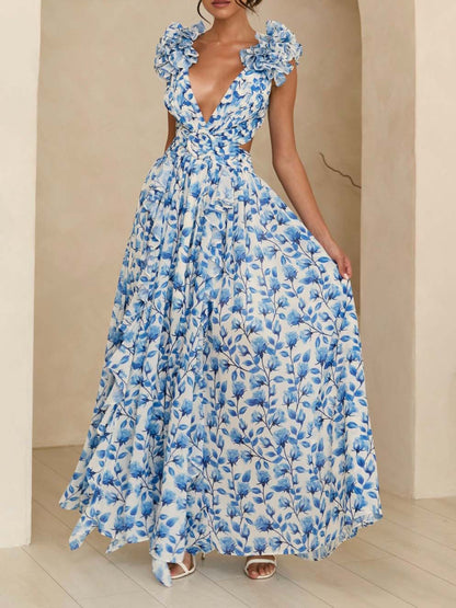 Elegante Maxi-jurk met Bloemenprint en Uitsnijdingen