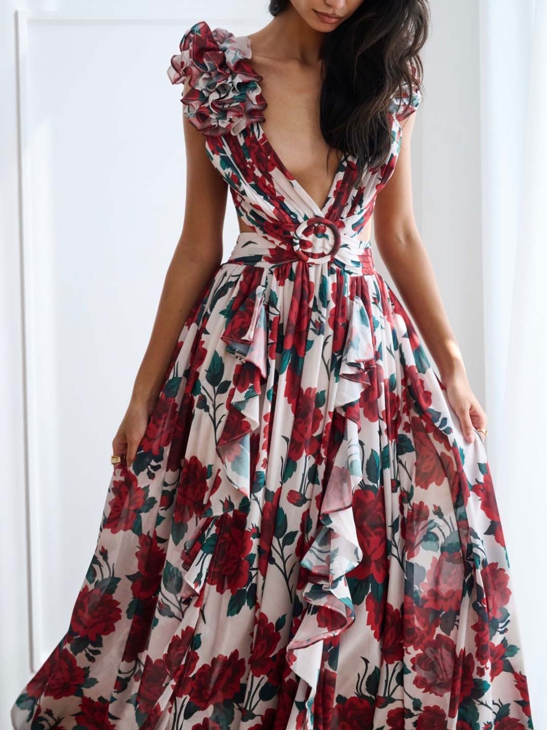 Elegante Bloemenprint Geplooide Openwork Maxi Jurk