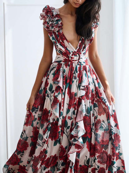 Elegante Bloemenprint Geplooide Openwork Maxi Jurk