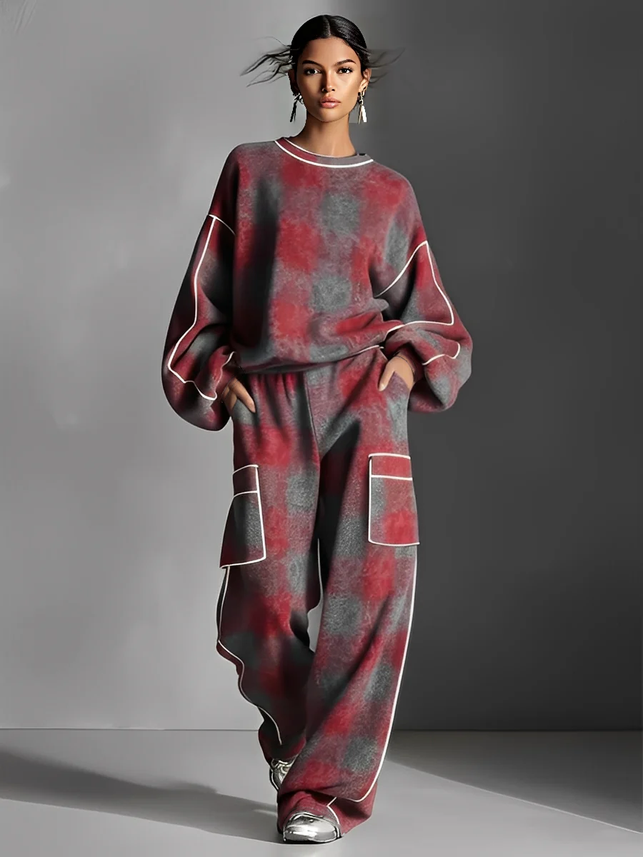 Dames Rood En Grijs Geruit Geborsteld Versleten Street Style Kleur Geblokte Piping Jumpsuit Set MDA1065K4I