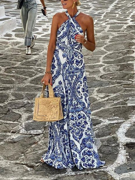 Delicate Bloemenprint Halter Maxi Jurk