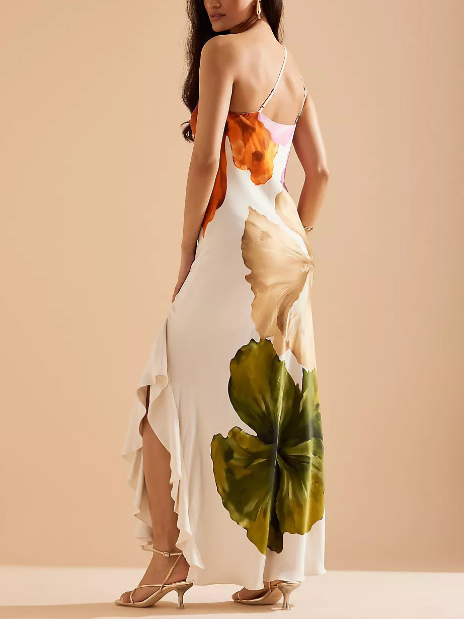 Elegante Exquise Bloemenprint One-shoulder Maxi Jurk