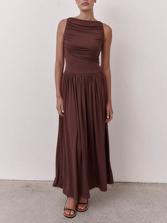 Elegante Plissé Mouwloze Maxi Jurk