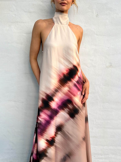 Unieke Tie-Dye Gedrukte Halternek Lace Up Rugloze Maxi Jurk