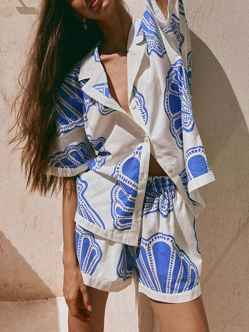 Casual Ocean Shell Print Shorts Twee-delige Set