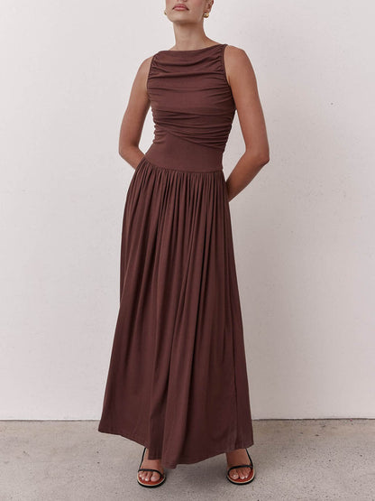 Elegante Plissé Mouwloze Maxi Jurk