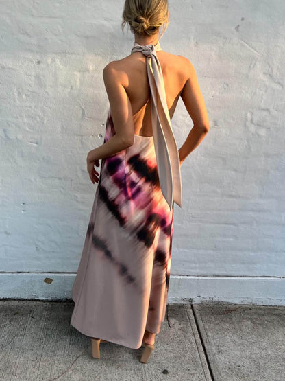 Unieke Tie-Dye Gedrukte Halternek Lace Up Rugloze Maxi Jurk