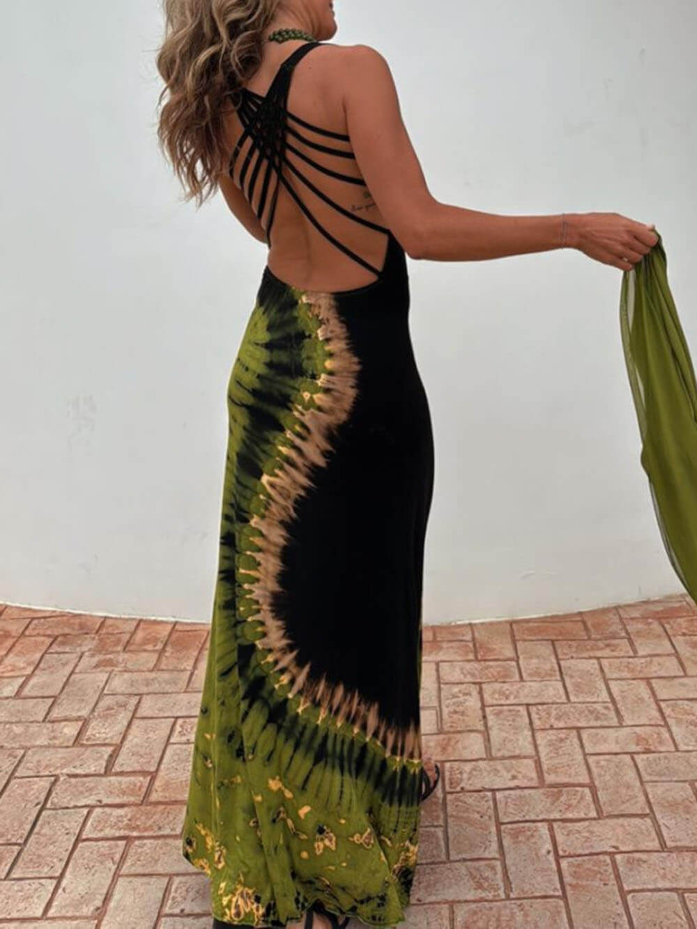 Unieke Zomer Avonturen Tie-dye Print Rug Lace-up Stretch Maxi Jurk