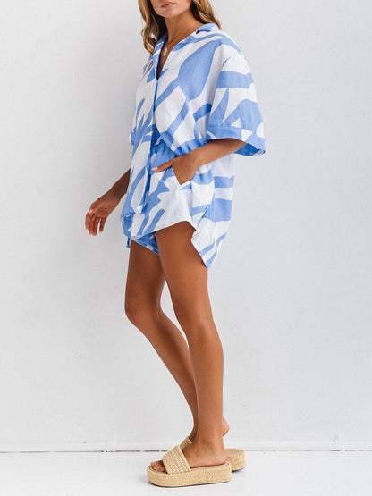 Losse Gedrukte Eiland Blauw Shirt Korte Resort Stijl Outfit