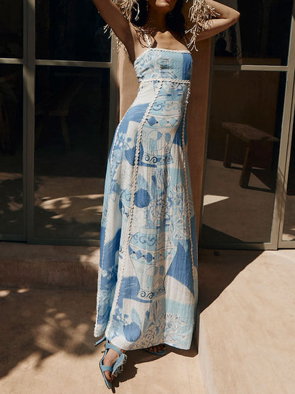 Unieke Kant Patchwork Gedrukte Achter Tie Halter Flare Maxi Jurken
