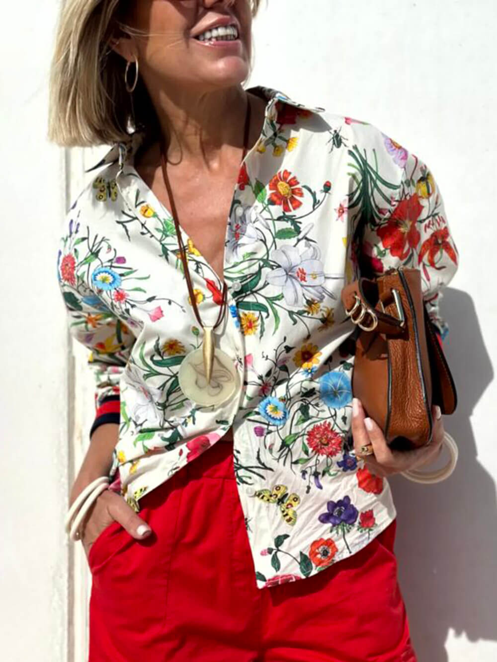 Bloemige Unieke Print Knop Down Oversized Blouse