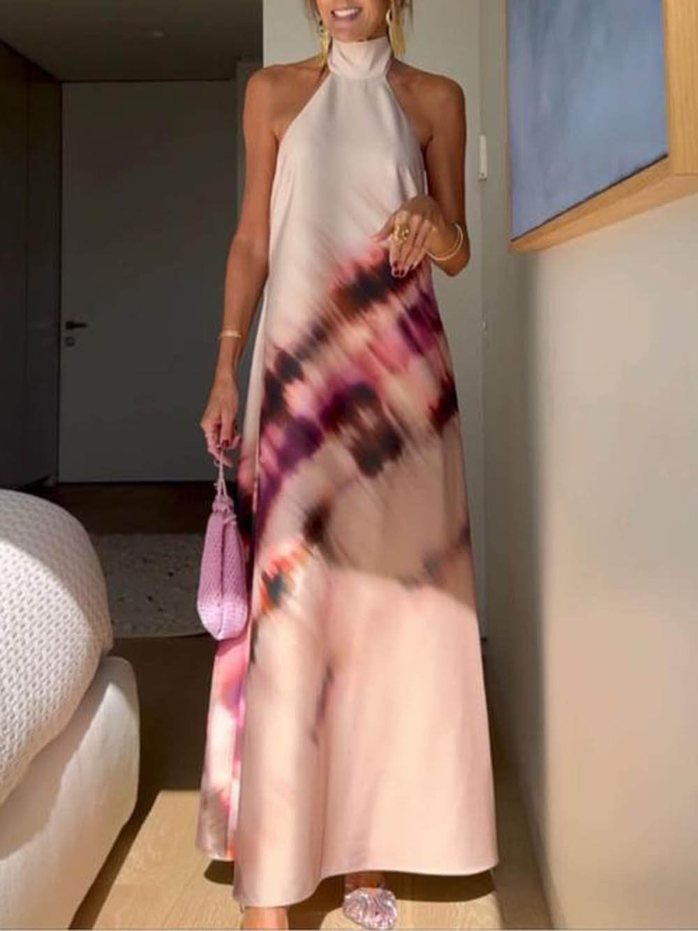 Unieke Tie-Dye Gedrukte Halternek Lace Up Rugloze Maxi Jurk