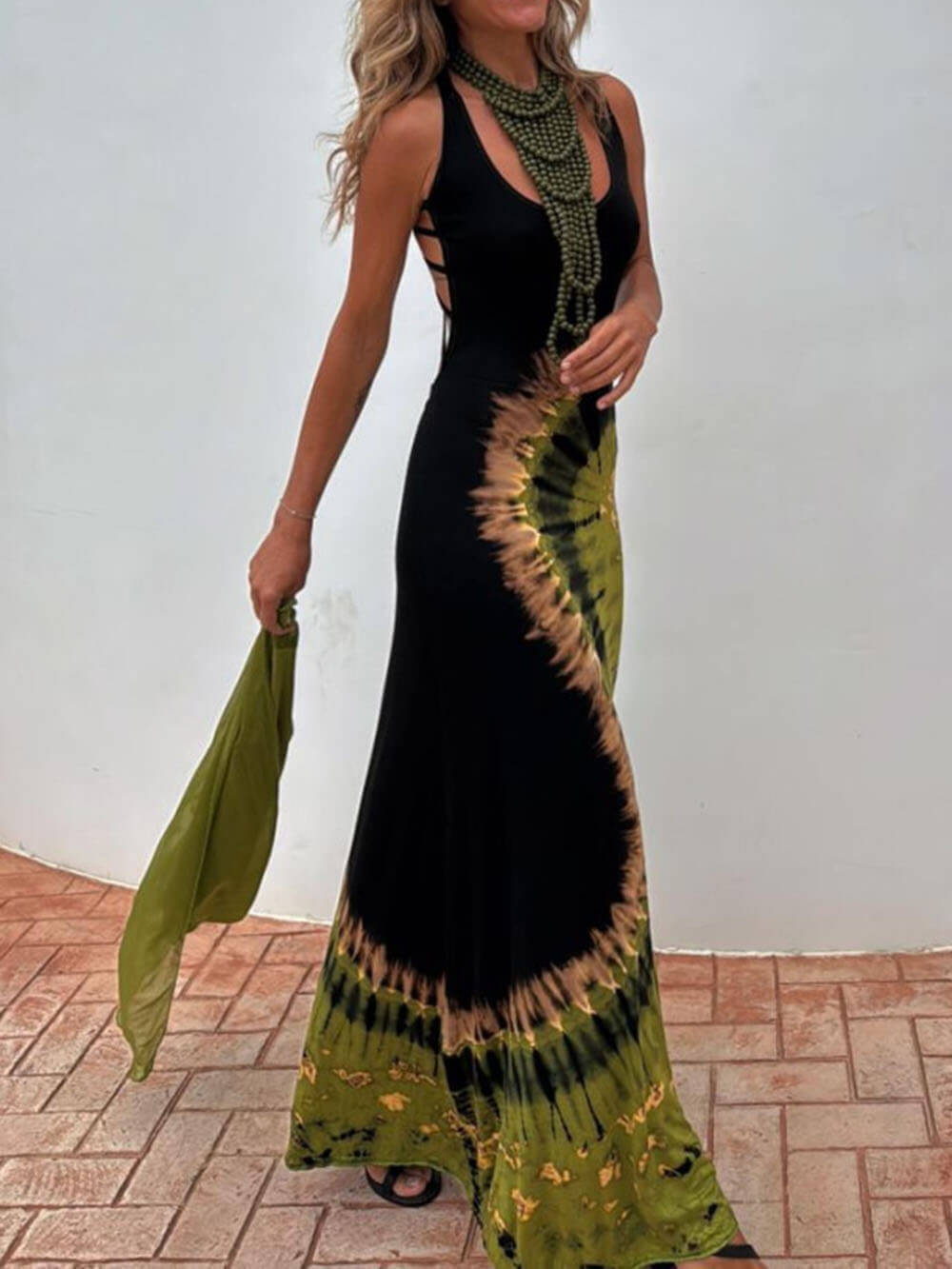 Unieke Zomer Avonturen Tie-dye Print Rug Lace-up Stretch Maxi Jurk