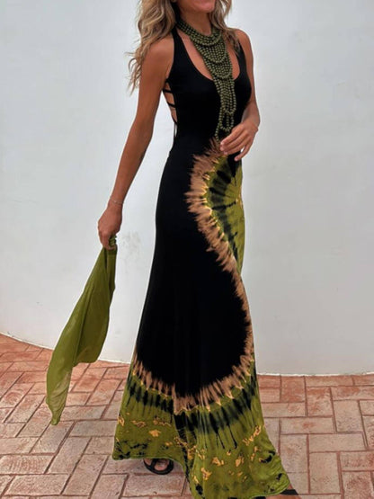 Unieke Zomer Avonturen Tie-dye Print Rug Lace-up Stretch Maxi Jurk