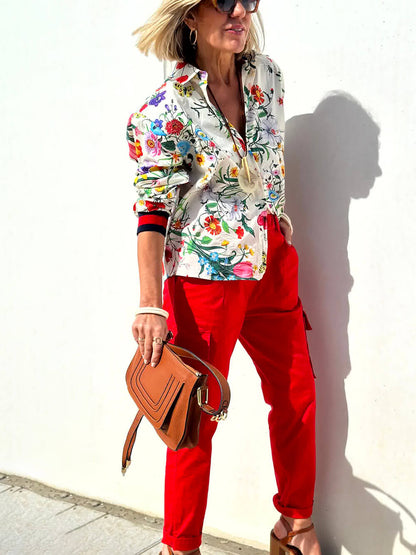Bloemige Unieke Print Knop Down Oversized Blouse