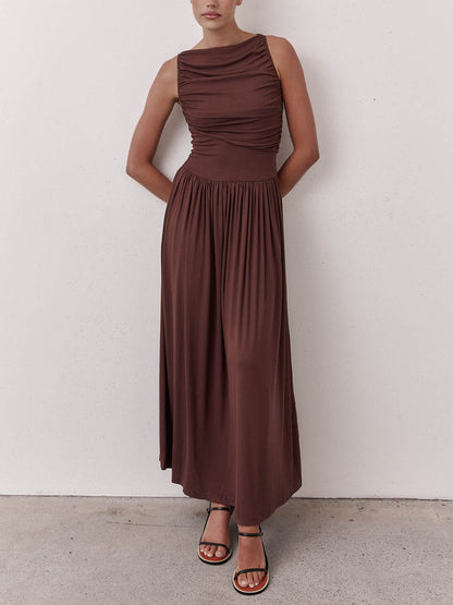 Elegante Plissé Mouwloze Maxi Jurk