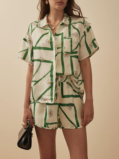 Uniek Delicaat Gedrukt Los Button-Up Top en Shorts Set