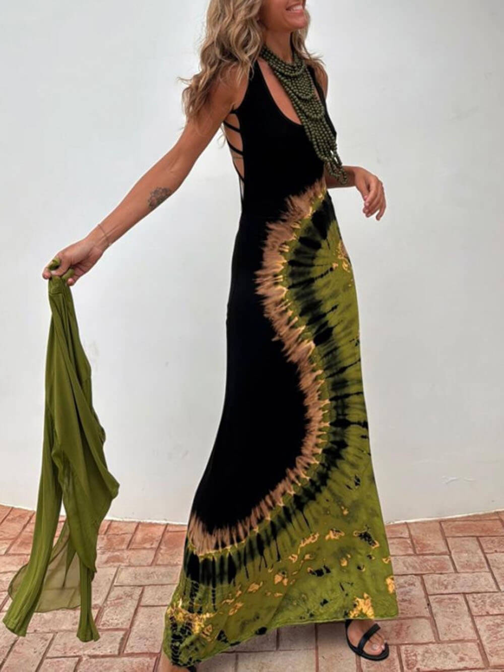 Unieke Zomer Avonturen Tie-dye Print Rug Lace-up Stretch Maxi Jurk