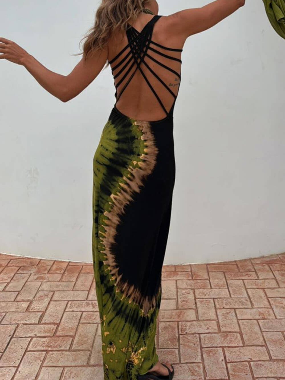 Unieke Zomer Avonturen Tie-dye Print Rug Lace-up Stretch Maxi Jurk