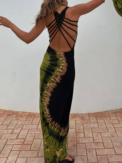 Unieke Zomer Avonturen Tie-dye Print Rug Lace-up Stretch Maxi Jurk