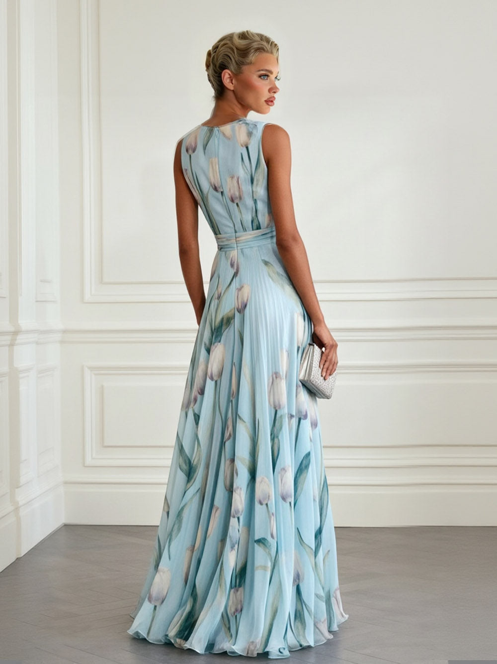 Elegante Tulpenprint V-hals Maxi Jurk