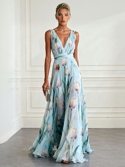 Elegante Tulpenprint V-hals Maxi Jurk