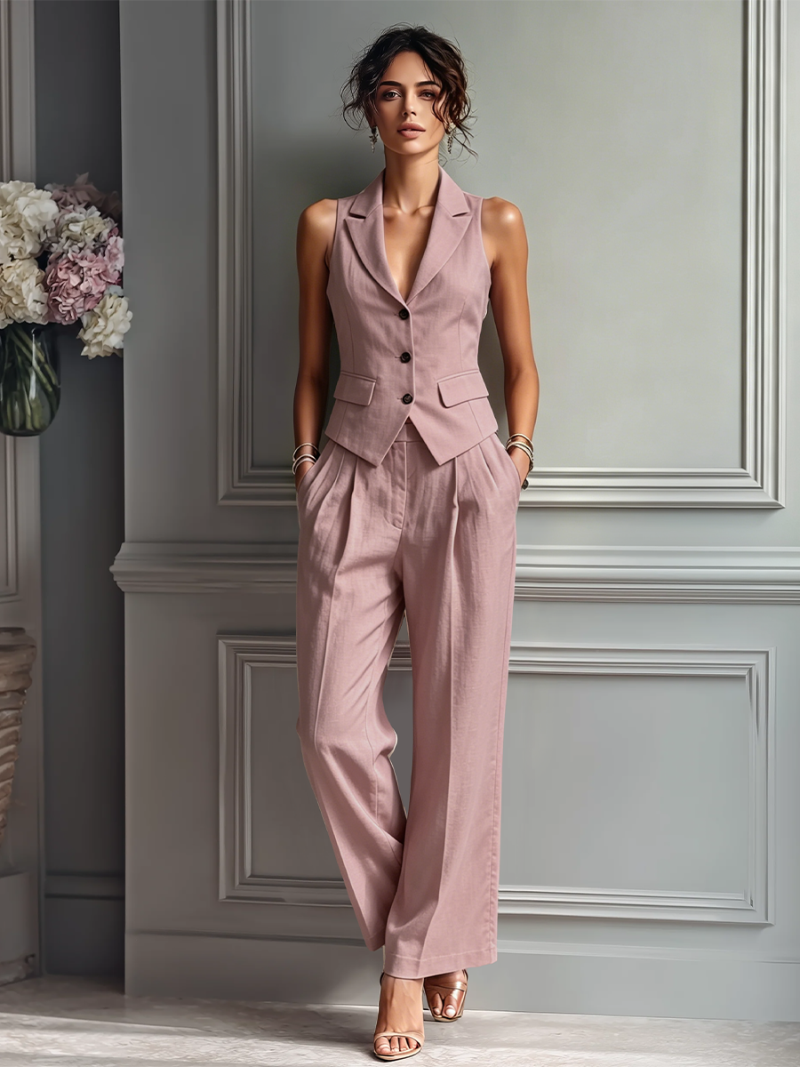 Dames Blush Roze Linnen Stof Mouwloze Vest & Wijde Broek Twee-Delige Set Met Reverskraag MDZ3005A5T
