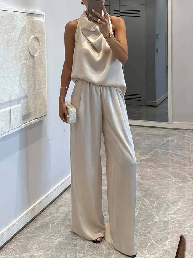Elegante Halter Nek Swing Kraag Top En Brede Pantalon Set-Top