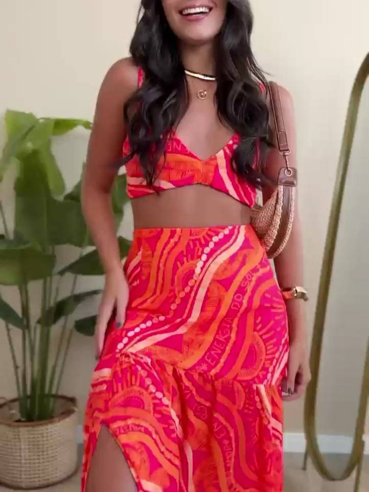 Unieke Print Suspenders En Rok Twee-Delige Set