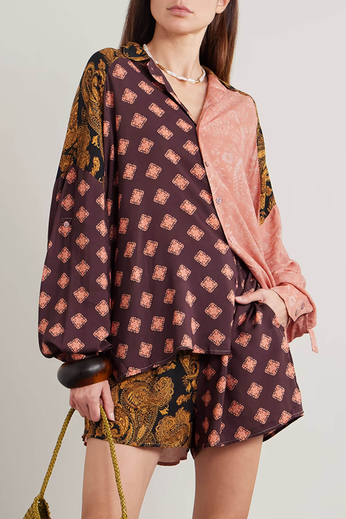 Exquise Twee-Tone Gedrukte Losse Shirt En Zakjes Elastische Taille Shorts Set