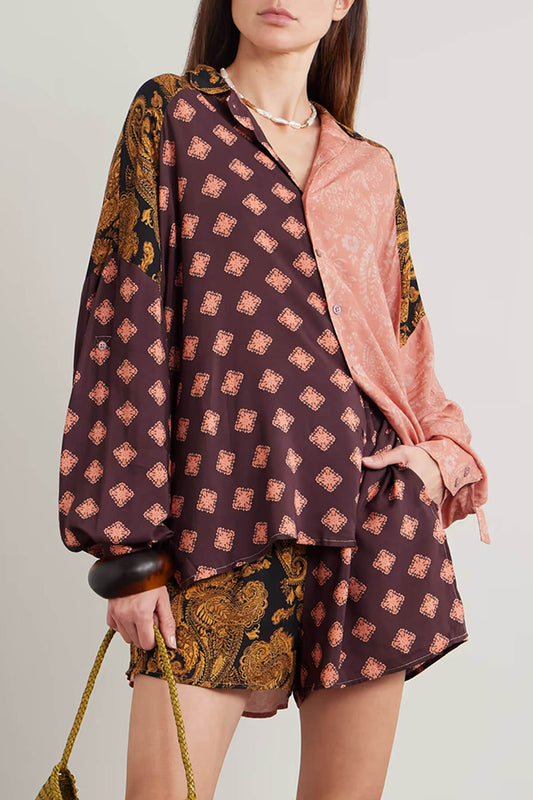 Exquise Twee-Tone Gedrukte Losse Shirt En Zakjes Elastische Taille Shorts Set