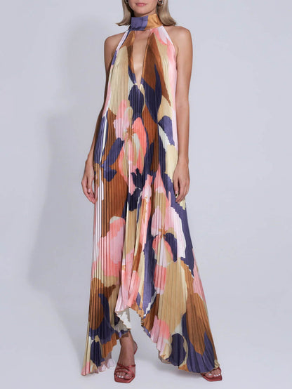Stijlvolle Plissé Halternek Strapless Midi Jurk