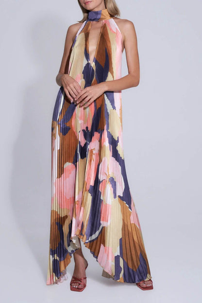 Stijlvolle Plissé Halternek Strapless Midi Jurk