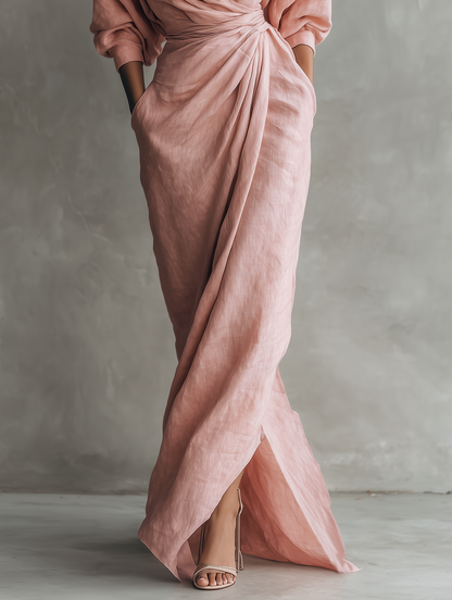 Eleonora - Roze maxi-jurk van linnen met V-hals